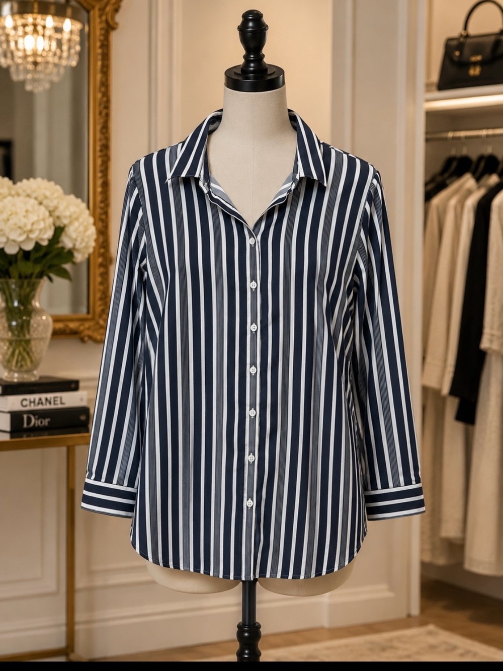 Chico's Navy and White Vertical Stripe Button-Down Shirt